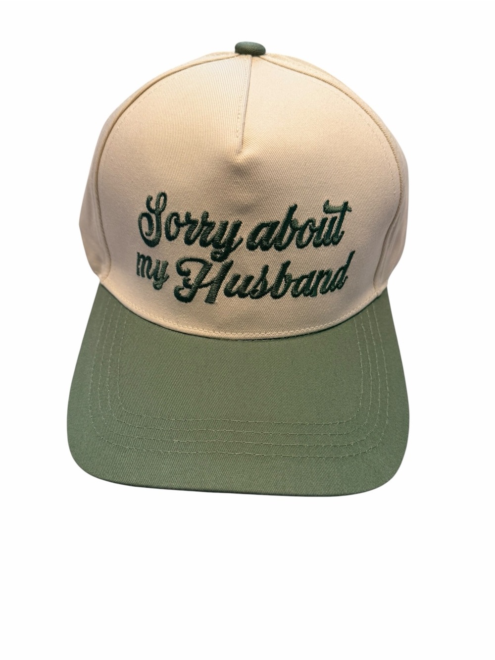 Sorry About My Husband Embroidered Two-Tone Trucker Cap - Cream & Green